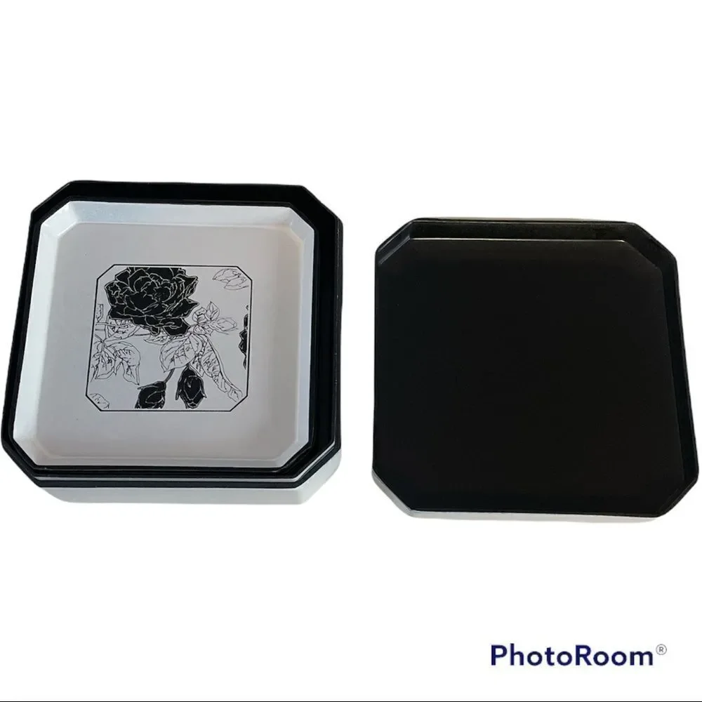 Vintage Mid Century Laquer Ware Ice Bucket and Coasters. Black and white floral.